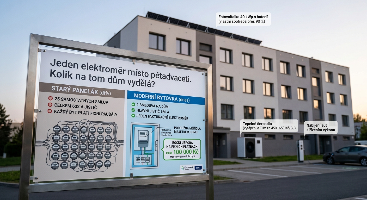 Jeden elektroměr místo pětadvaceti. Kolik na tom dům vydělá?